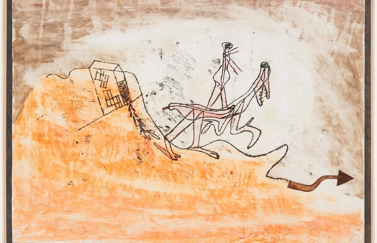 A motif by Paul Klee, depicting two figures drawn in a thin black line. They are moving down a hill.