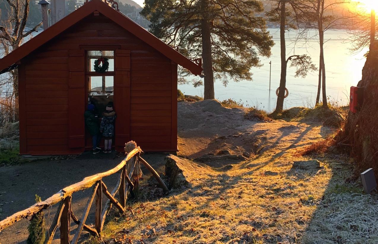 Children looking inside the window to Edvard Grieg's little red composers hut. 