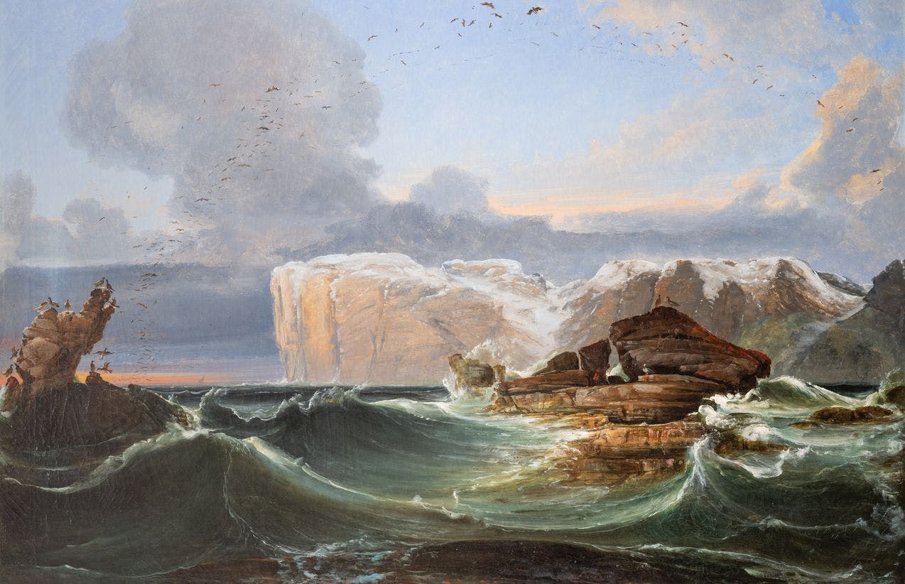 Maleri av Peder Balke som viser et klippelandskap i et opprørt hav.
